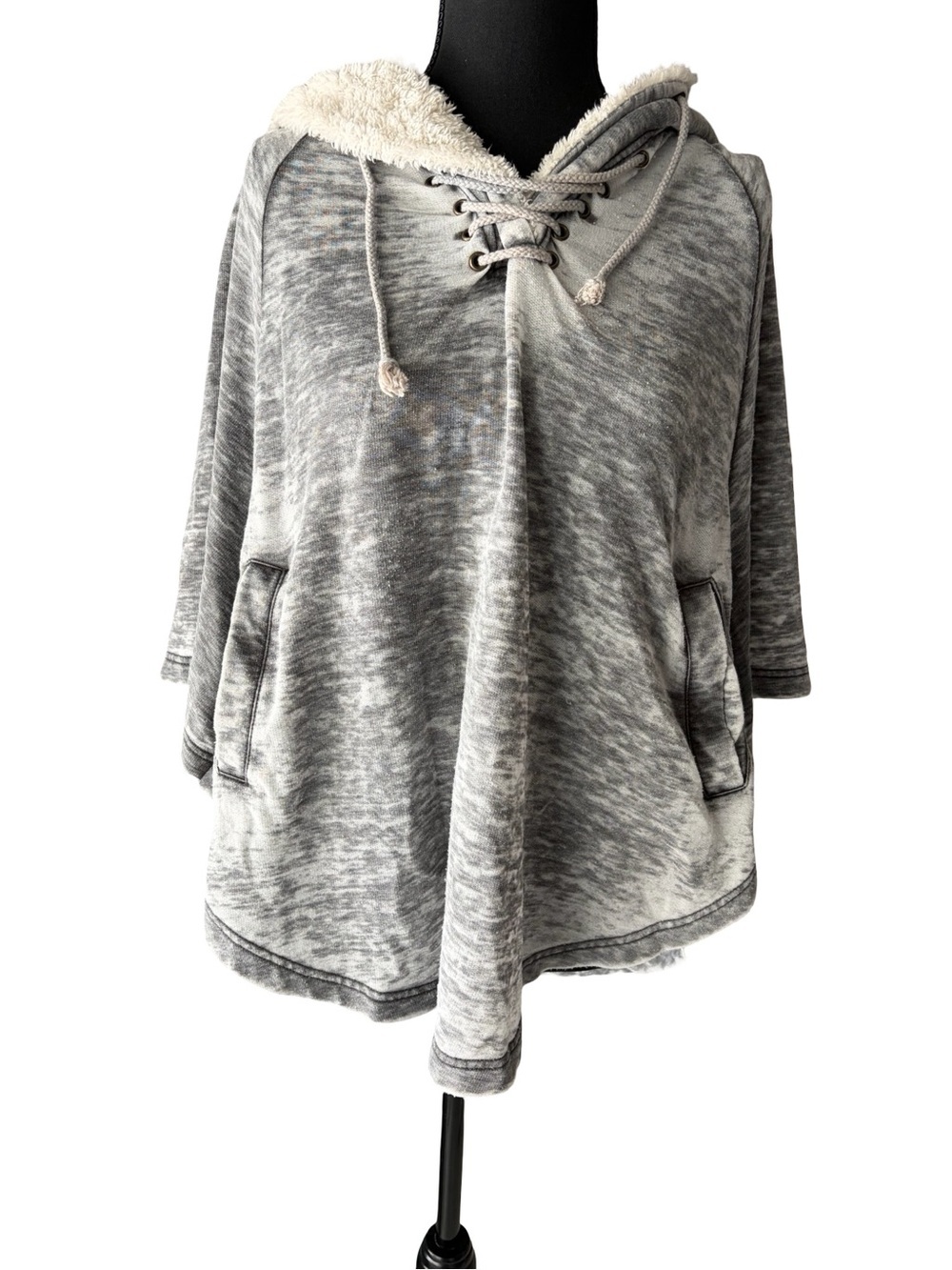 Gray Lace-Up Sherpa Hooded Poncho
